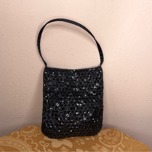 Black Sequin Small Purse Crossbody  Event Party Formal Glam Goth Retro Pinup - Picture 7 of 11